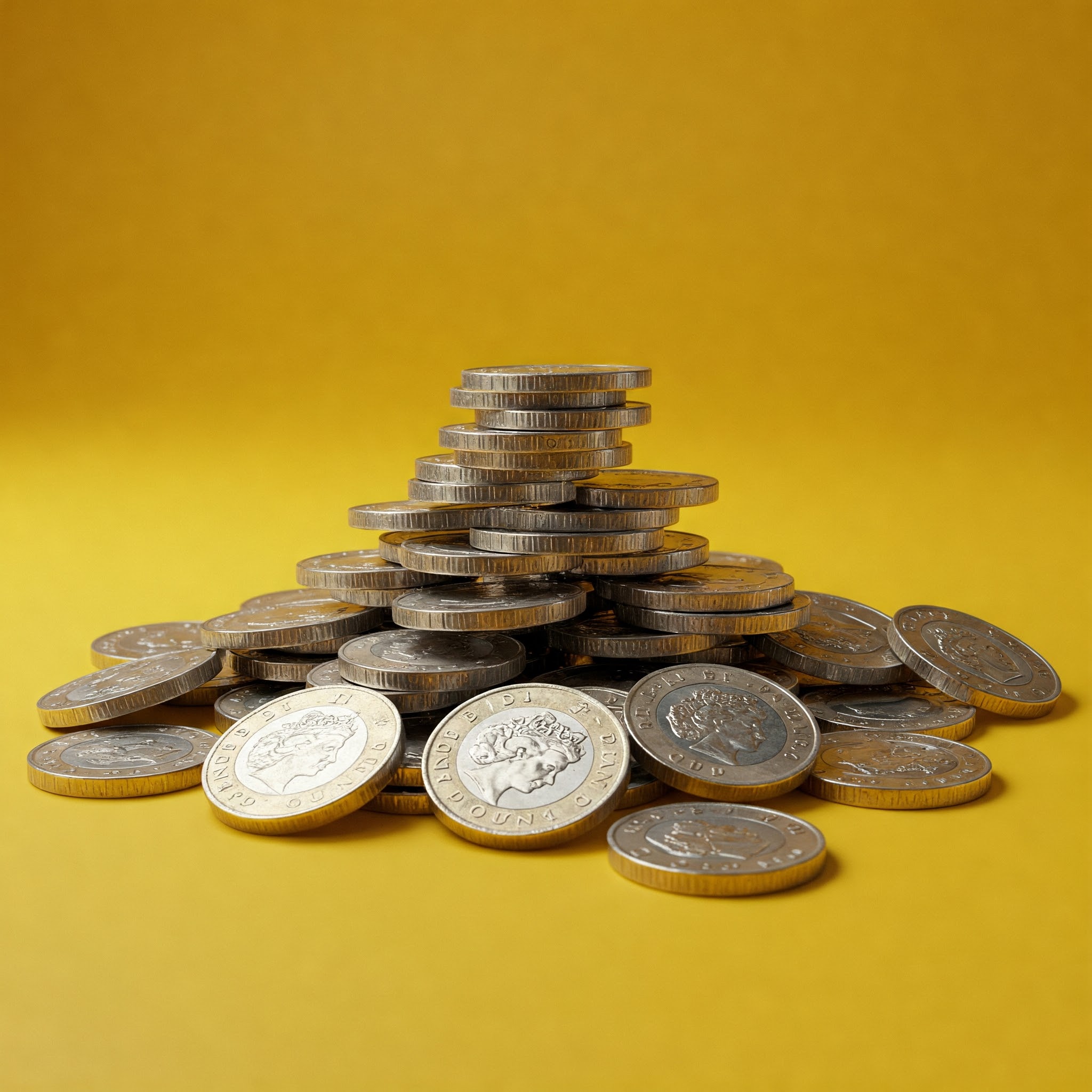 Stack of British coins on a yellow background, symbolising increased employment costs from the 2025 National Insurance changes.