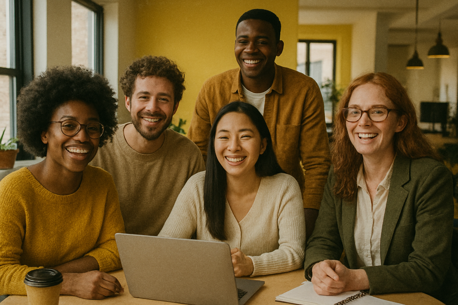 A diverse group of young professionals smiling and working together around a desk in a bright office with yellow accents, representing a positive workplace culture and low staff turnover.