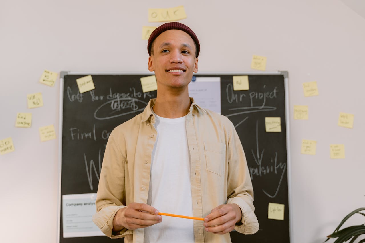 Young professional standing confidently in front of a blackboard covered in notes, representing leadership skills and project planning in action.